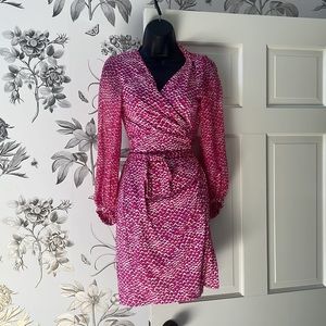 Diane von Furstenberg pink and white wrap dress. Sheer sleeves. Like new.